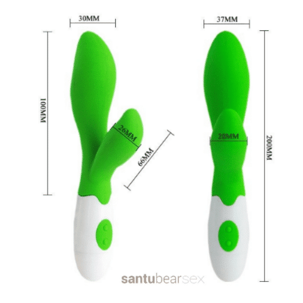 vibrador para mujeres owen color verde imagen con las medidas del vibrador